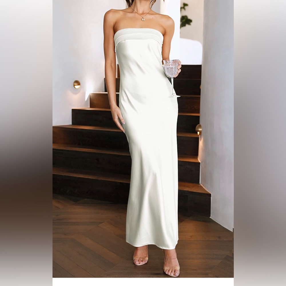 ivory satin strapless maxi dress